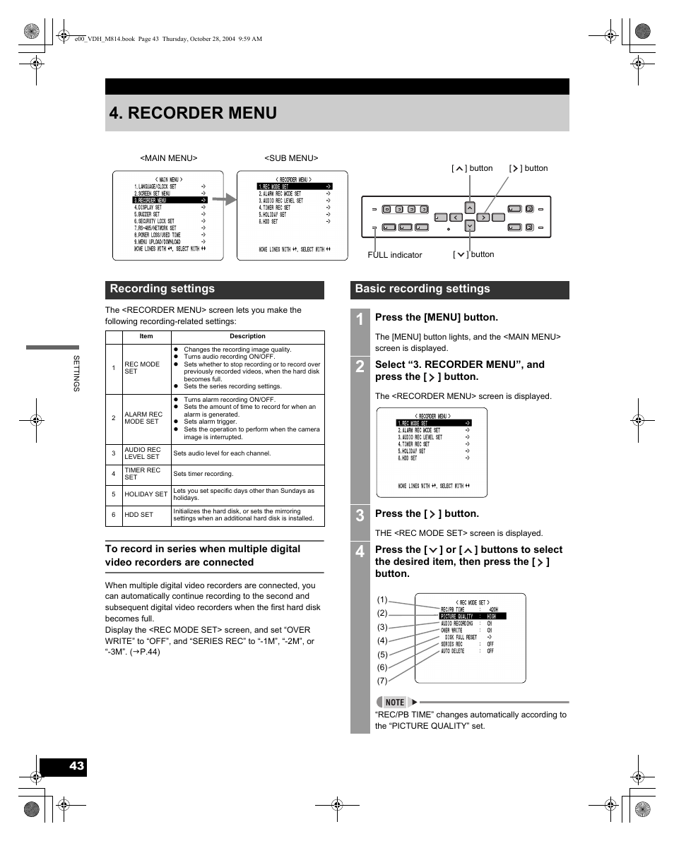 Recorder menu, Recording settings, Basic recording settings | Sanyo DSR-M814 User Manual | Page 44 / 73