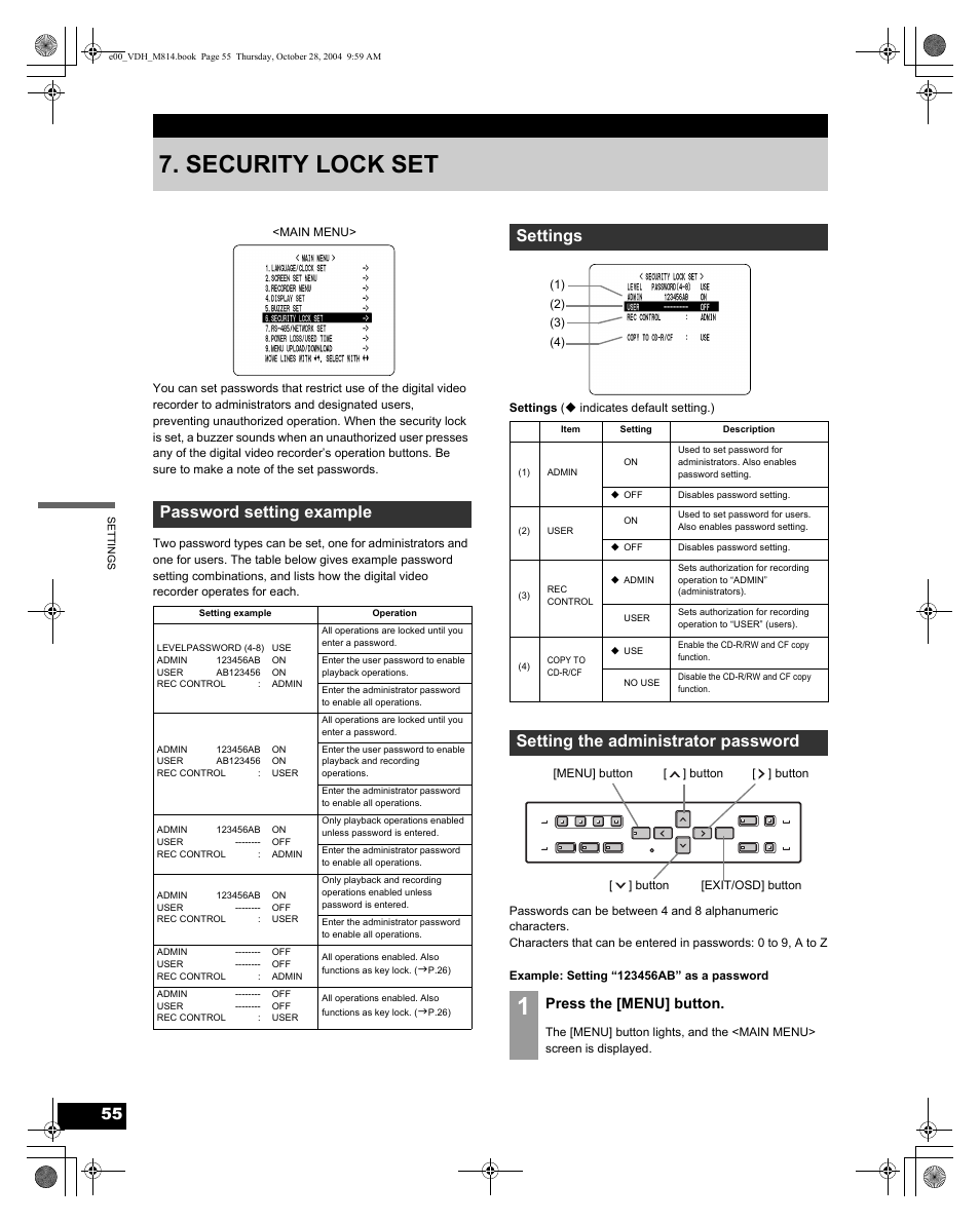 Security lock set, Password setting example, Settings | Setting the administrator password, Press the [menu] button | Sanyo DSR-M814 User Manual | Page 56 / 73