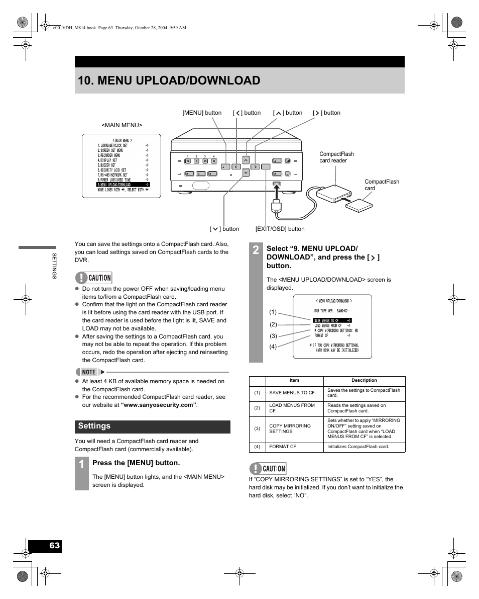 Menu upload/download, Settings | Sanyo DSR-M814 User Manual | Page 64 / 73