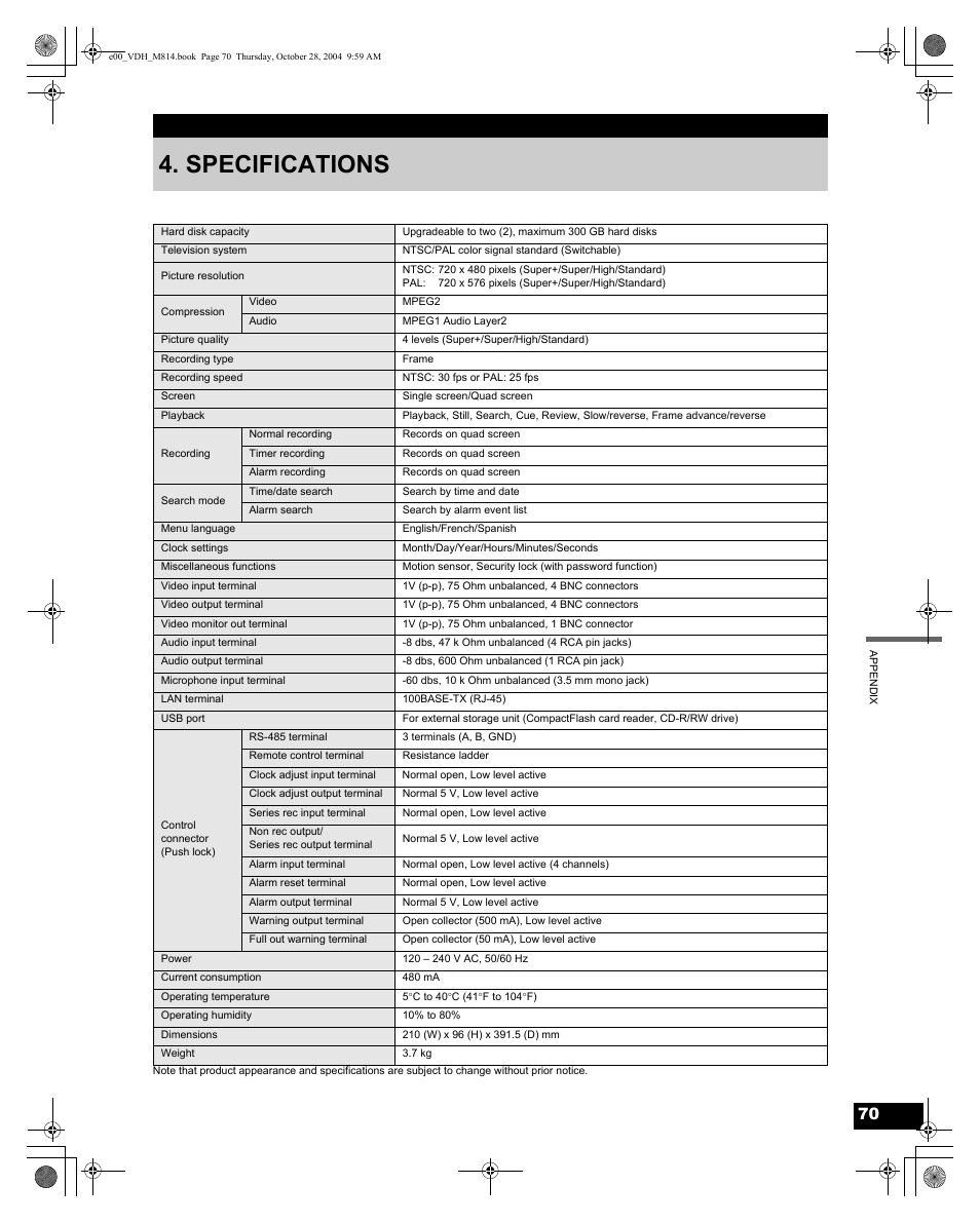 Specifications | Sanyo DSR-M814 User Manual | Page 71 / 73