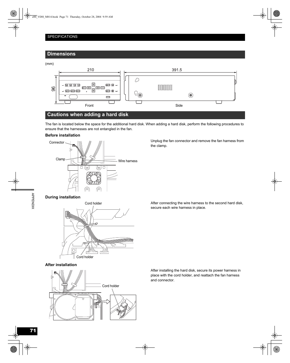 Dimensions, Cautions when adding a hard disk | Sanyo DSR-M814 User Manual | Page 72 / 73