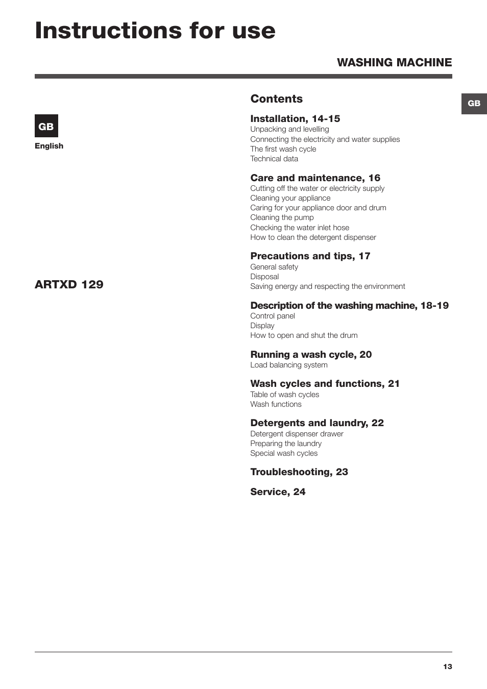 Instructions for use | Hotpoint Ariston ARTXD 129 User Manual | Page 13 / 72