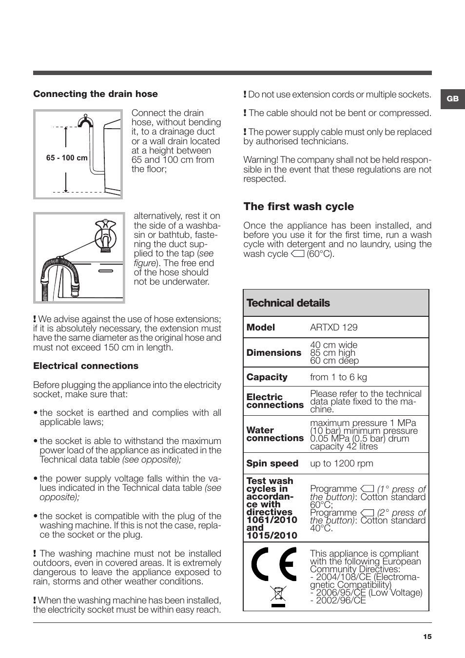 Hotpoint Ariston ARTXD 129 User Manual | Page 15 / 72