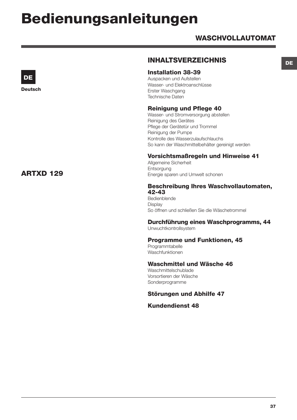 Bedienungsanleitungen | Hotpoint Ariston ARTXD 129 User Manual | Page 37 / 72