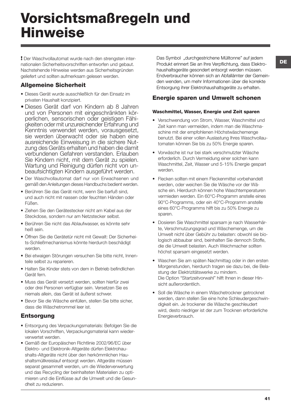 Vorsichtsmaßregeln und hinweise | Hotpoint Ariston ARTXD 129 User Manual | Page 41 / 72