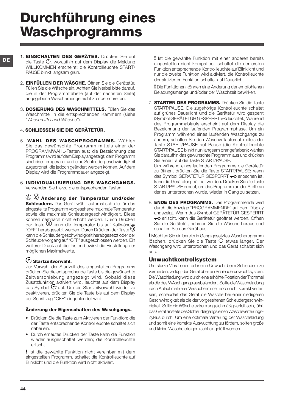 Durchführung eines waschprogramms, Unwuchtkontrollsystem | Hotpoint Ariston ARTXD 129 User Manual | Page 44 / 72