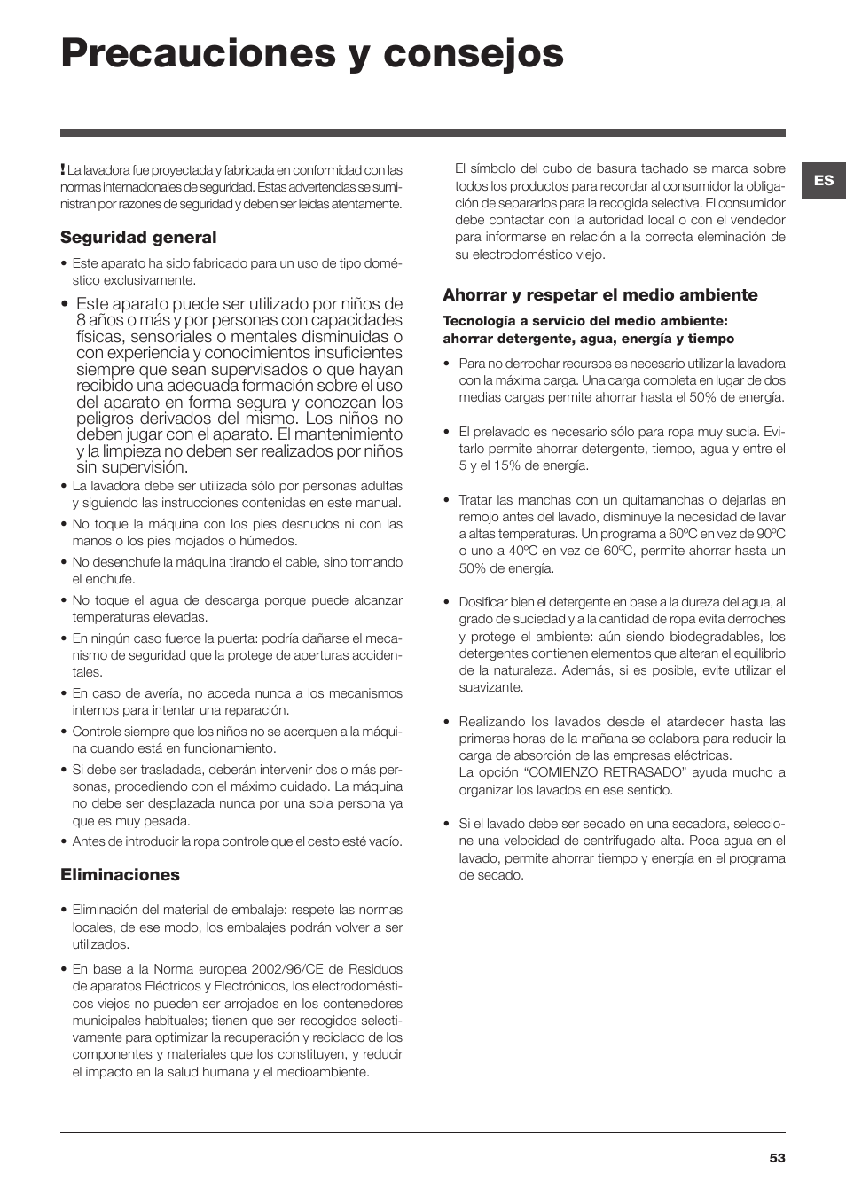 Precauciones y consejos | Hotpoint Ariston ARTXD 129 User Manual | Page 53 / 72
