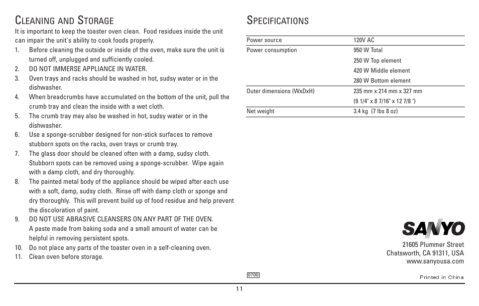 Leaning and, Torage, Pecifications | Printed in china | Sanyo SK-7S User Manual | Page 11 / 24