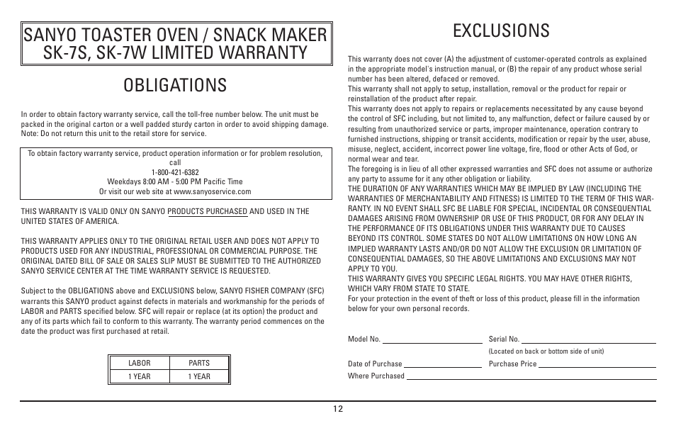 Exclusions | Sanyo SK-7S User Manual | Page 12 / 24