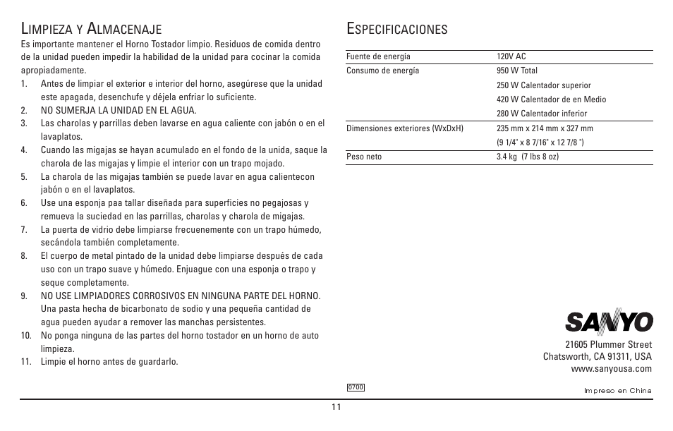Impieza y, Lmacenaje, Specificaciones | Impreso en china | Sanyo SK-7S User Manual | Page 23 / 24