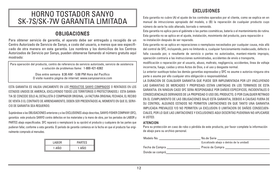 Horno tostador sanyo sk-7s/sk-7w garantia limitada, Oob blliig ga ac ciio on ne es s | Sanyo SK-7S User Manual | Page 24 / 24