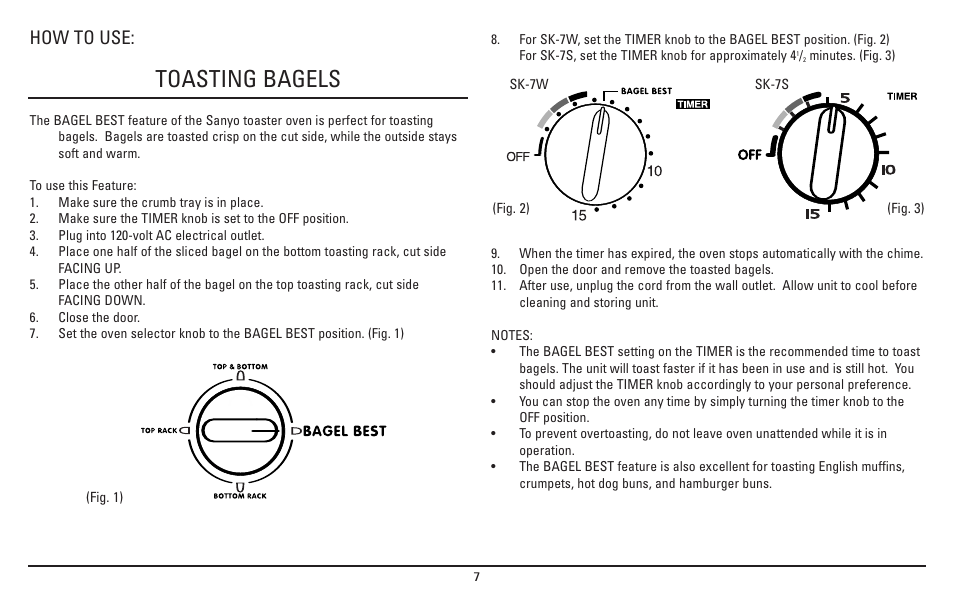 Toasting bagels, How to use | Sanyo SK-7S User Manual | Page 7 / 24