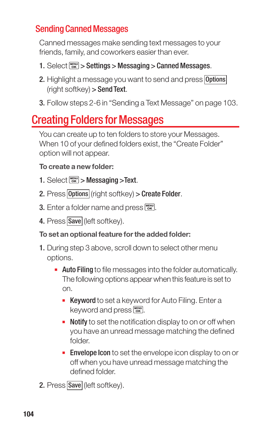 Creating folders for messages, Sending canned messages | Sanyo PRO-700 User Manual | Page 108 / 133