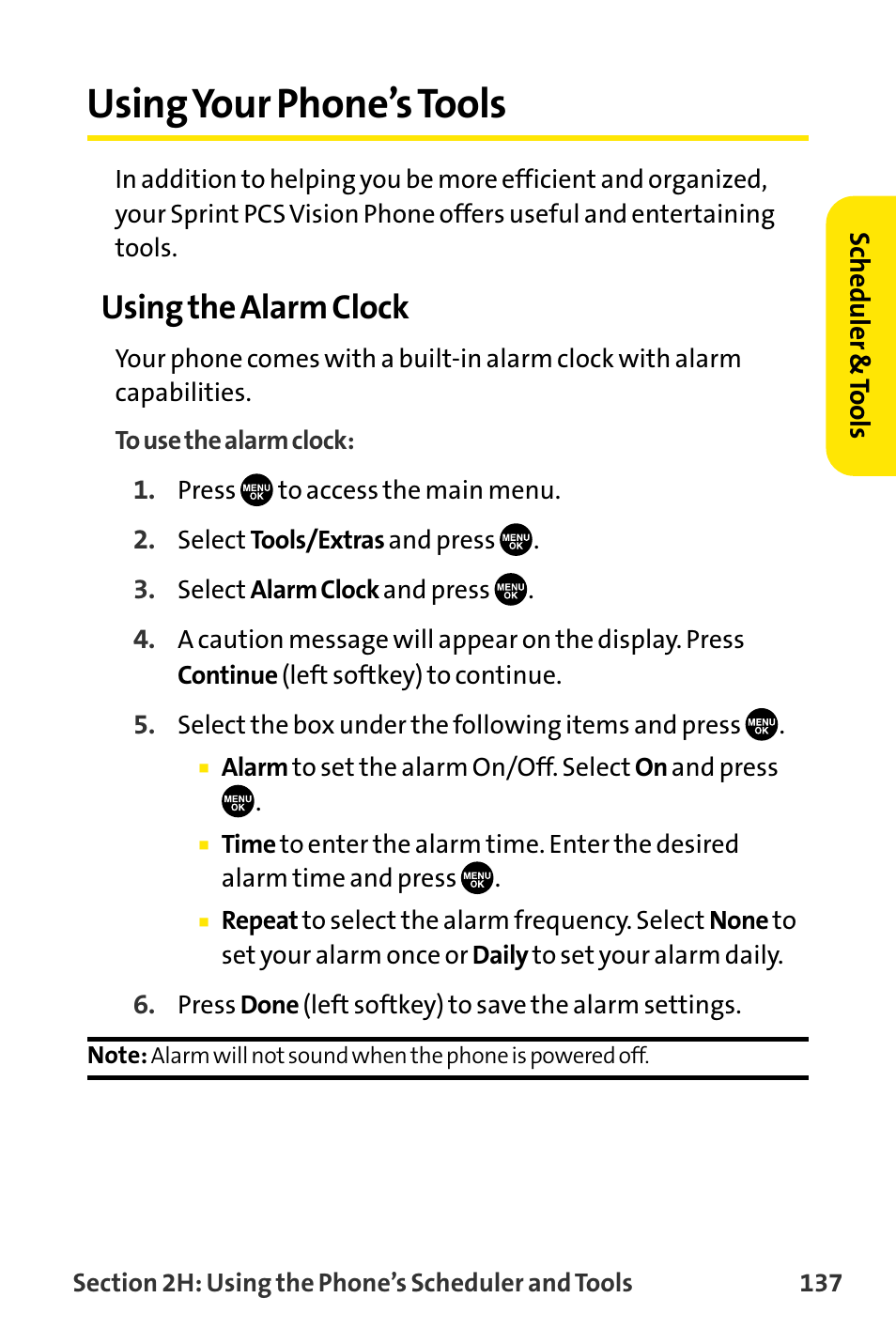 Using your phone’s tools, Using the alarm clock | Sanyo VI-2300 User Manual | Page 149 / 286