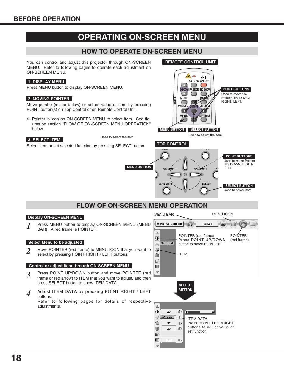 Operating on-screen menu, Before operation how to operate on-screen menu, Flow of on-screen menu operation | Sanyo PLC-XP55L User Manual | Page 18 / 56