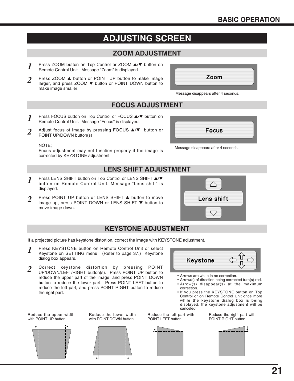 Adjusting screen, Basic operation, Zoom adjustment focus adjustment | Lens shift adjustment, Keystone adjustment | Sanyo PLC-XP55L User Manual | Page 21 / 56