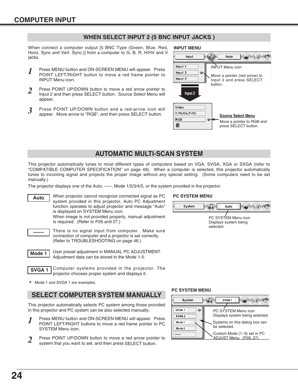 Computer input, Select computer system manually, Automatic multi-scan system | Sanyo PLC-XP55L User Manual | Page 24 / 56