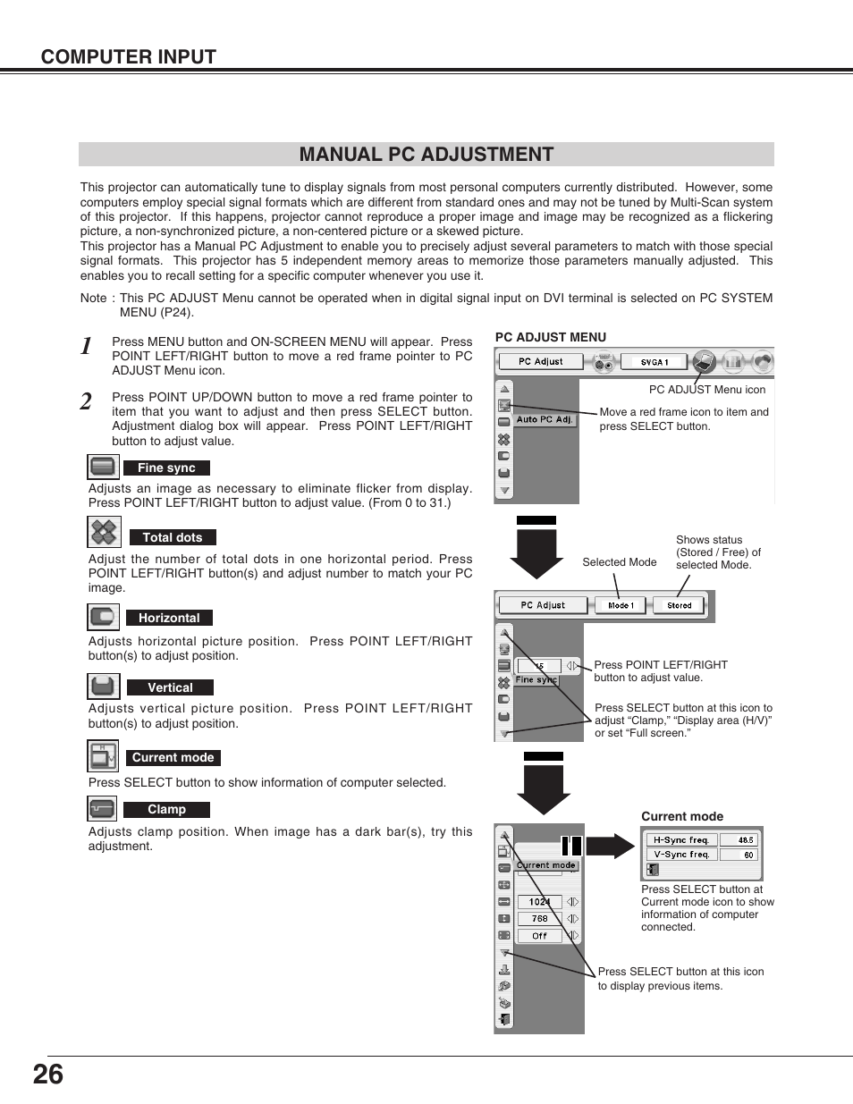 Computer input manual pc adjustment | Sanyo PLC-XP55L User Manual | Page 26 / 56