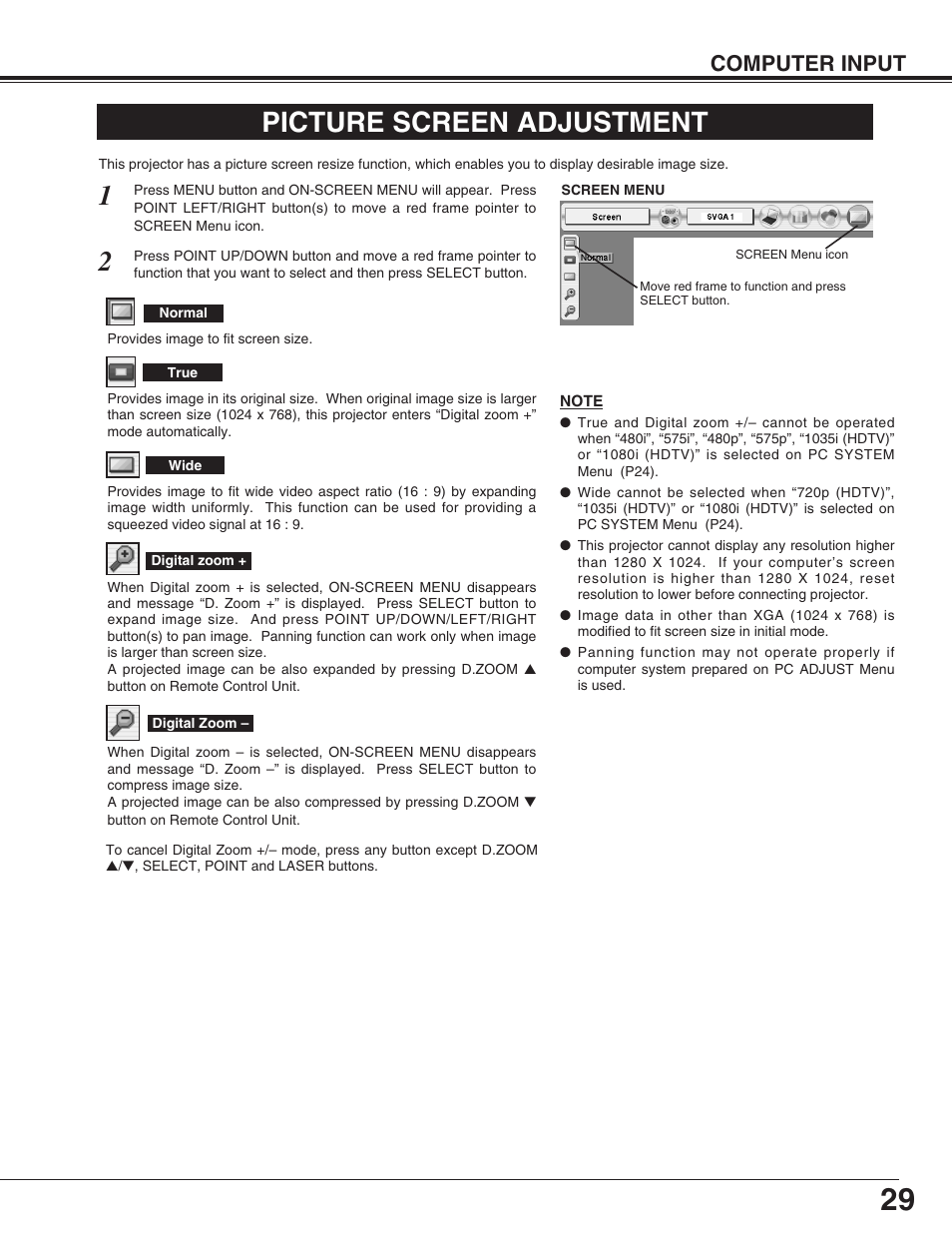 Picture screen adjustment, Computer input | Sanyo PLC-XP55L User Manual | Page 29 / 56