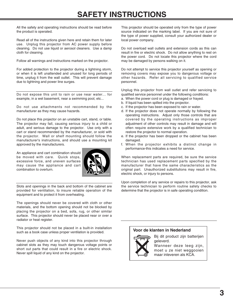 3safety instructions | Sanyo PLC-XP55L User Manual | Page 3 / 56