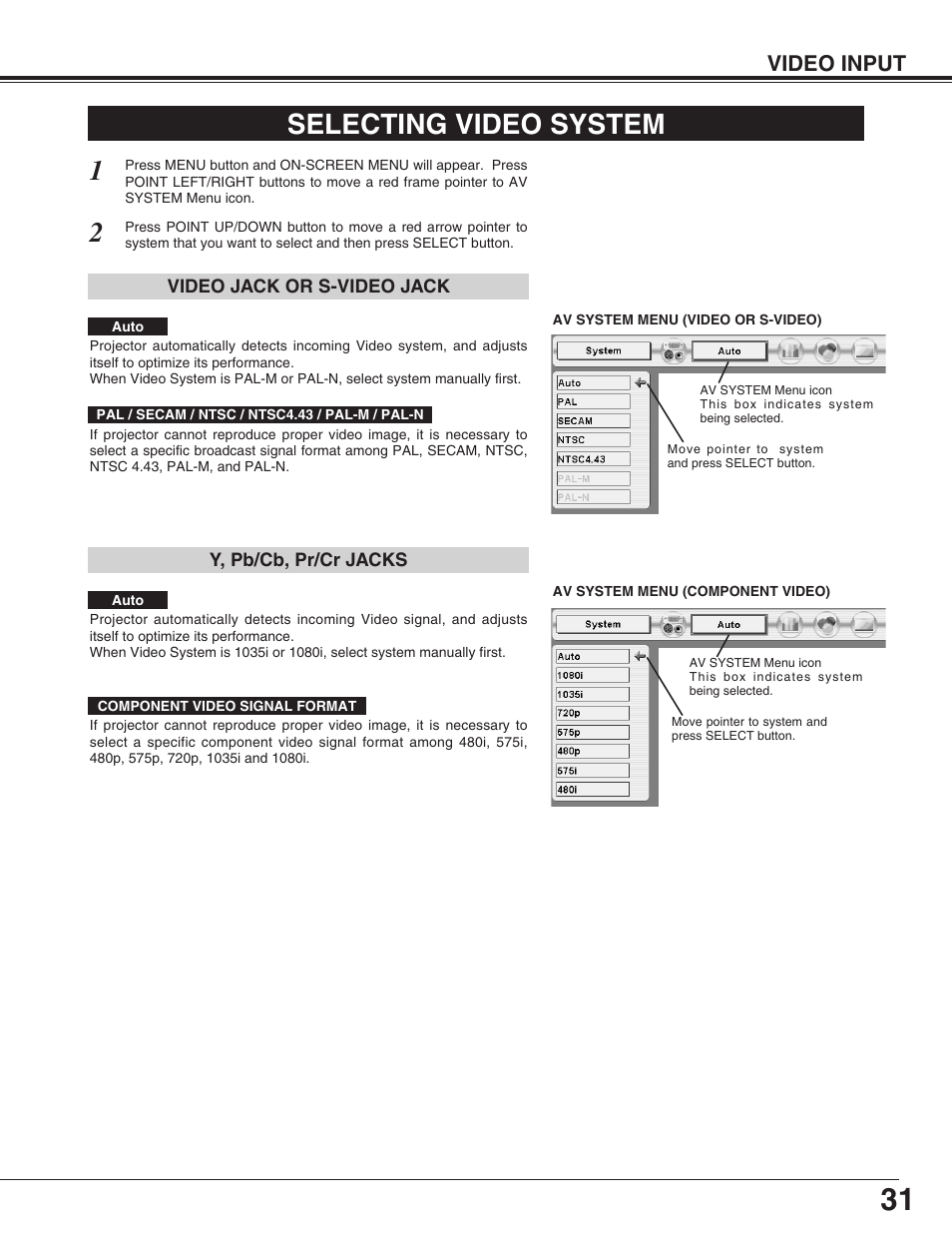 Selecting video system, Video input | Sanyo PLC-XP55L User Manual | Page 31 / 56