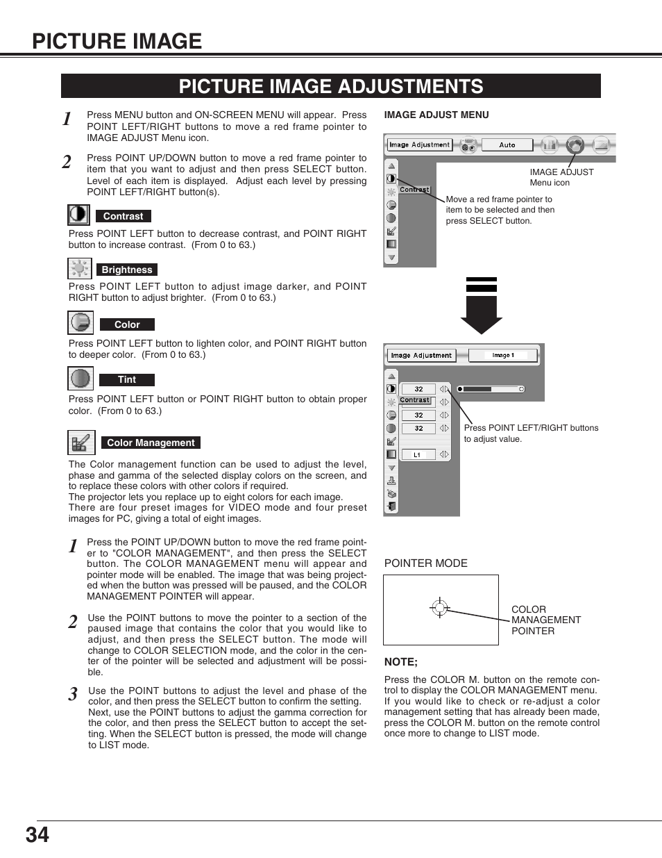 Picture image, Picture image adjustments | Sanyo PLC-XP55L User Manual | Page 34 / 56