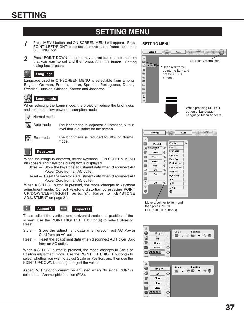 Setting, Setting menu | Sanyo PLC-XP55L User Manual | Page 37 / 56