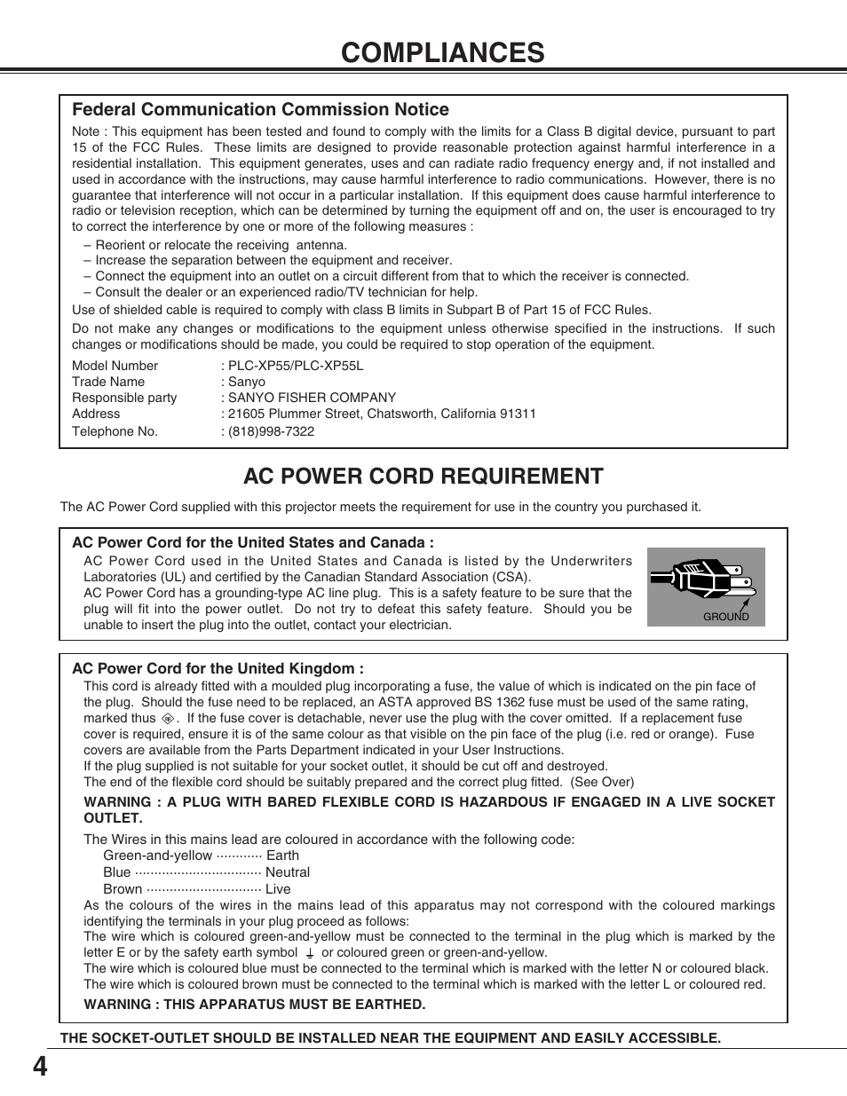 4compliances, Ac power cord requirement, Federal communication commission notice | Sanyo PLC-XP55L User Manual | Page 4 / 56