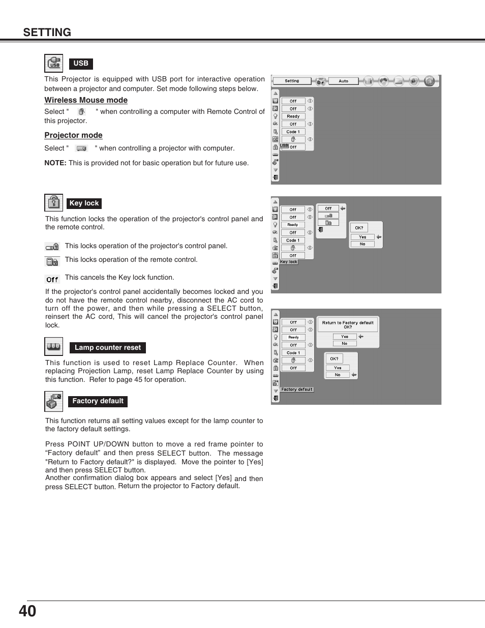 Setting | Sanyo PLC-XP55L User Manual | Page 40 / 56