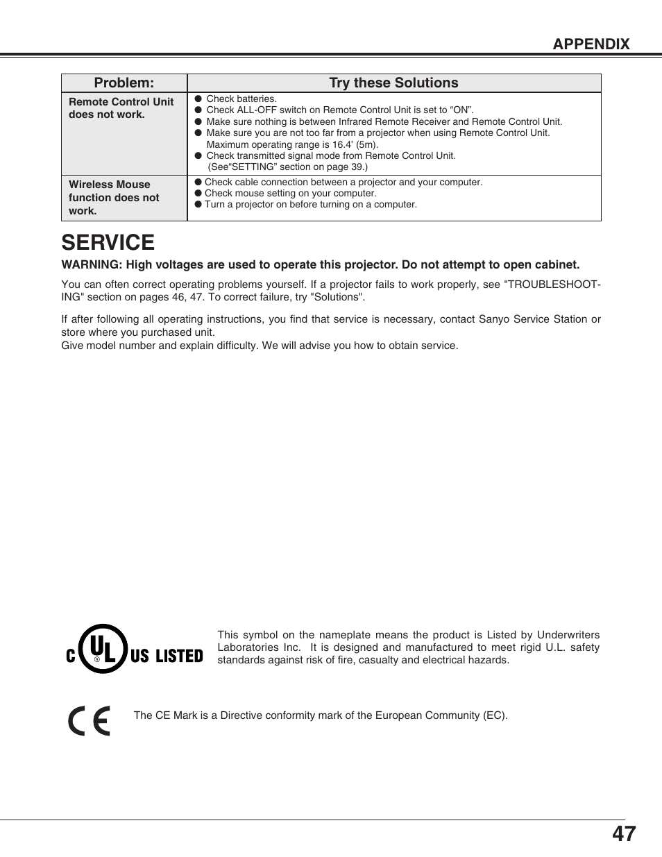 Service, Appendix | Sanyo PLC-XP55L User Manual | Page 47 / 56