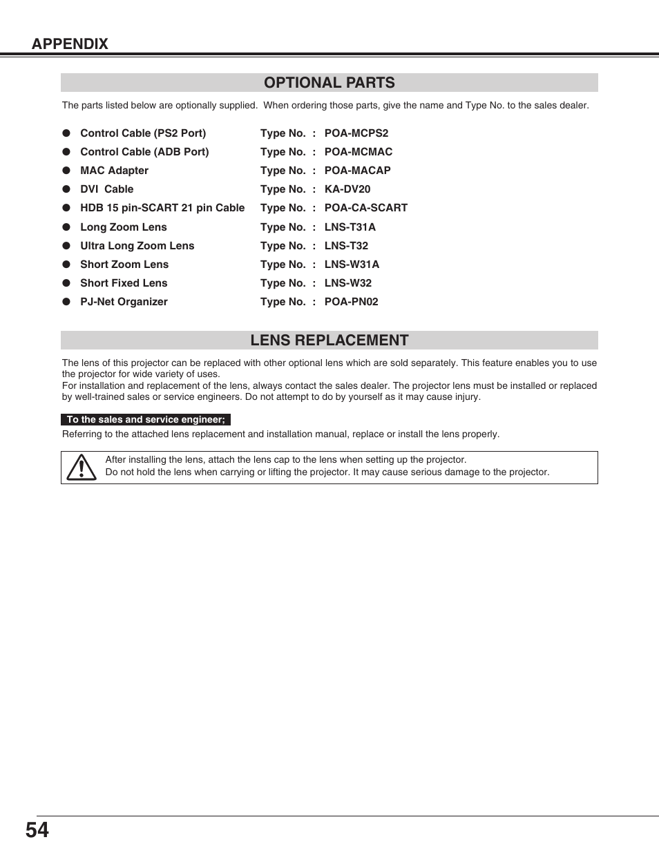 Appendix optional parts, Lens replacement | Sanyo PLC-XP55L User Manual | Page 54 / 56