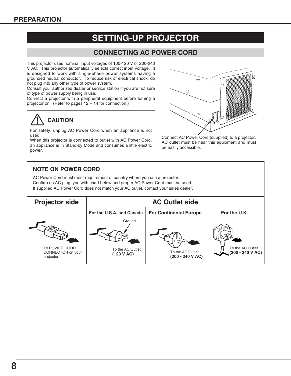 Setting-up projector, Preparation, Projector side ac outlet side | Connecting ac power cord | Sanyo PLC-XP55L User Manual | Page 8 / 56