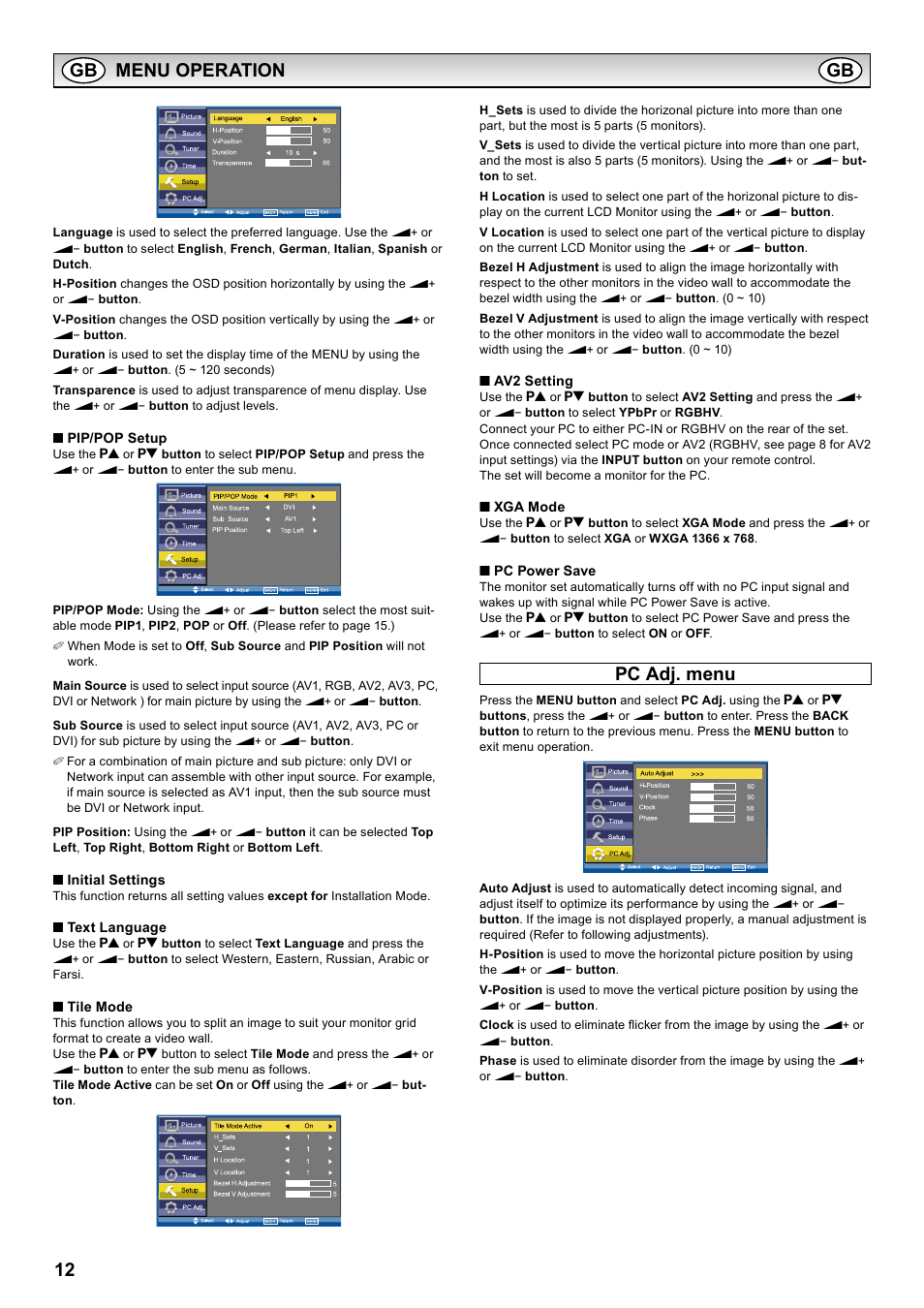 Pc adj. menu, Pc adj . menu, 12 menu operation | Sanyo PID-42AS1 User Manual | Page 12 / 22
