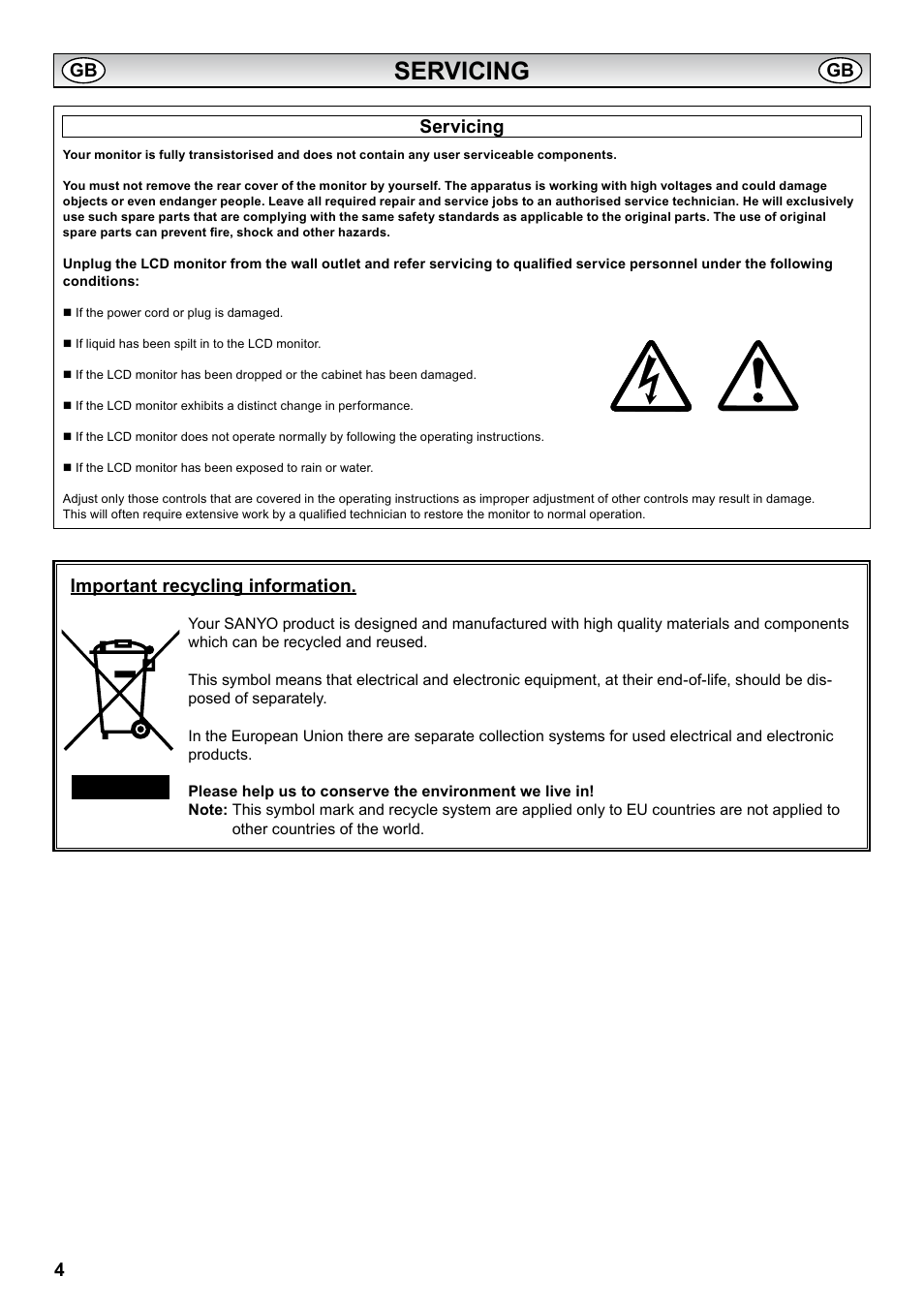 Servicing, 4servicing, Important recycling information | Sanyo PID-42AS1 User Manual | Page 4 / 22