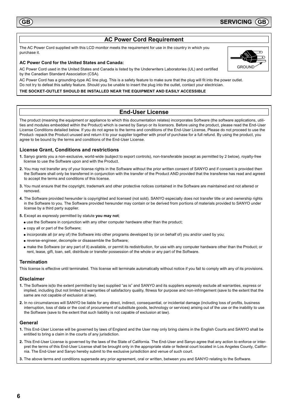 Ac power cord requirement, End-user license, Ac power cord requirement end-user license | 6ac power cord requirement, Servicing | Sanyo PID-42AS1 User Manual | Page 6 / 22