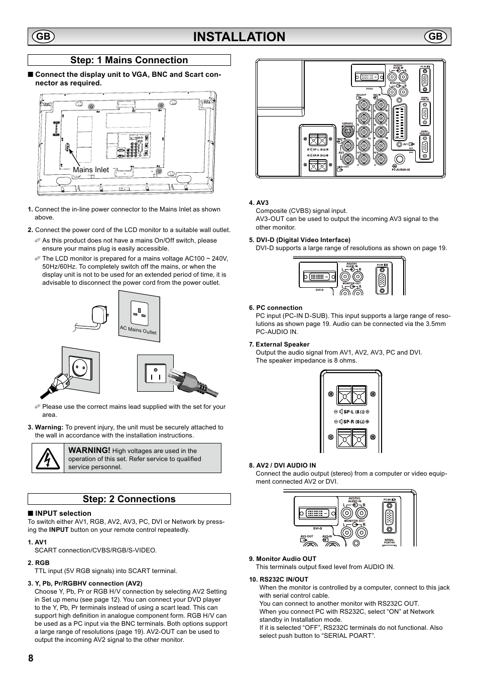 Installation, Step: 1 mains connection, Step: 2 connections | Step: 1 mains connection step: 2 connections, 8step: 1 mains connection | Sanyo PID-42AS1 User Manual | Page 8 / 22