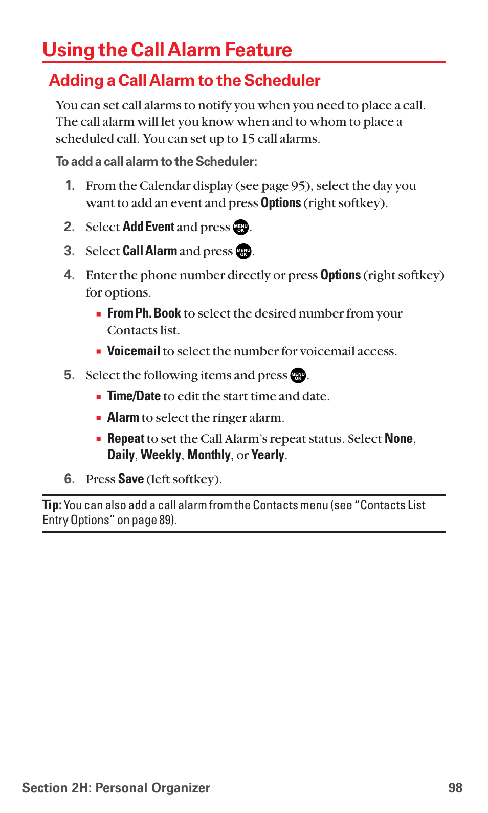 Using the call alarm feature, Adding a call alarm to the scheduler | Sanyo MM-5600 User Manual | Page 112 / 330