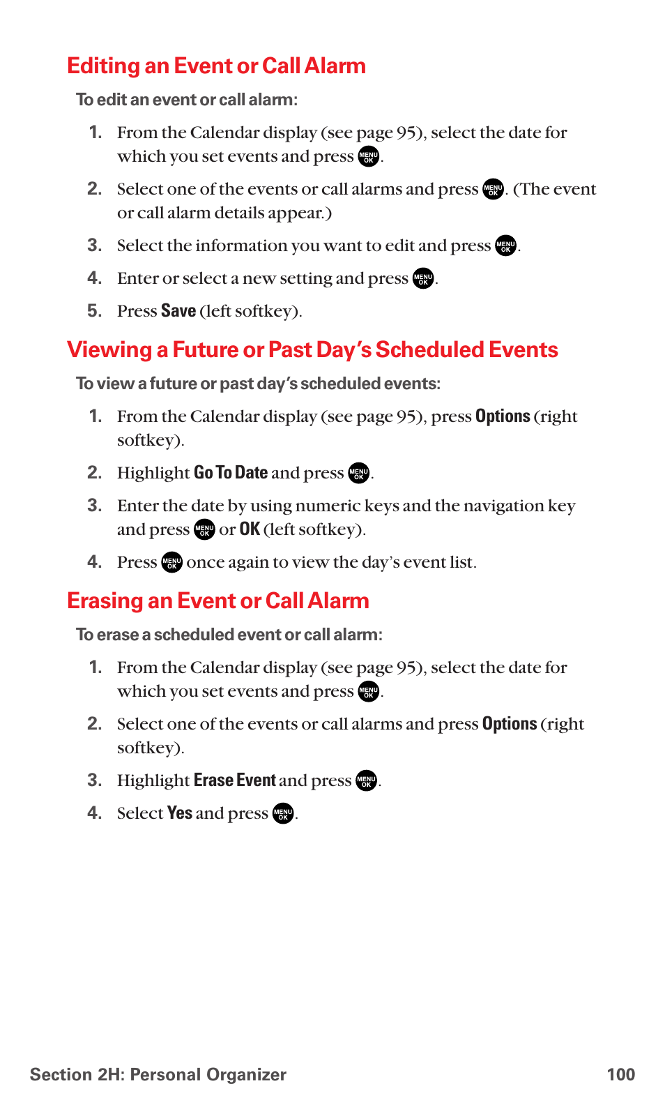 Editing an event or call alarm, Viewing a future or past day’s scheduled events, Erasing an event or call alarm | Sanyo MM-5600 User Manual | Page 114 / 330