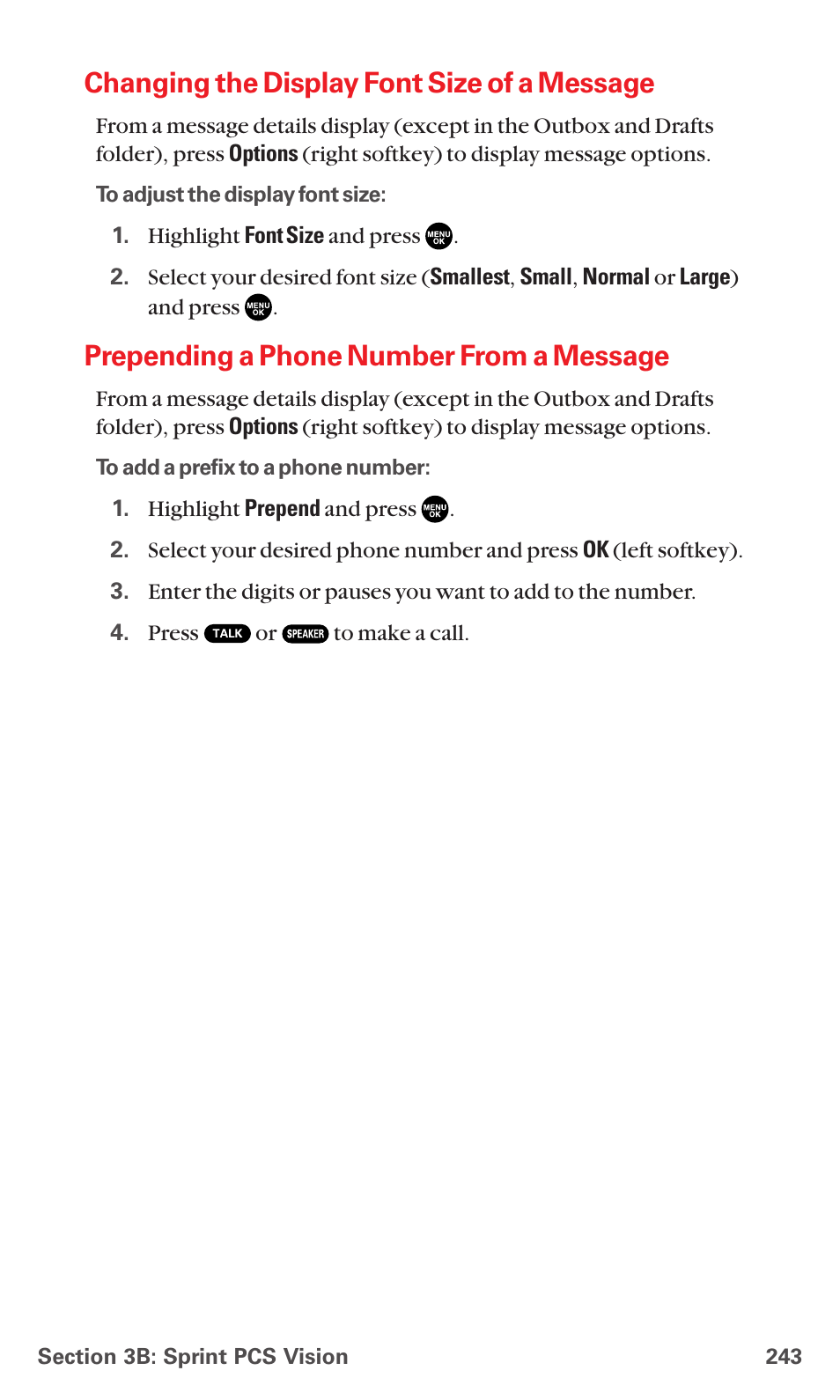 Changing the display font size of a message, Prepending a phone number from a message | Sanyo MM-5600 User Manual | Page 257 / 330