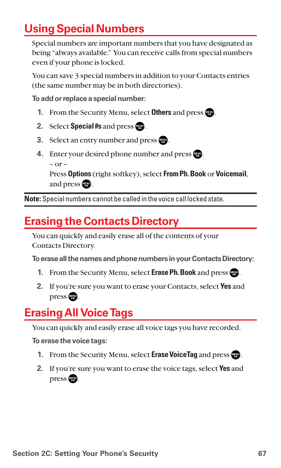 Using special numbers, Erasing the contacts directory, Erasing all voice tags | Sanyo MM-5600 User Manual | Page 81 / 330