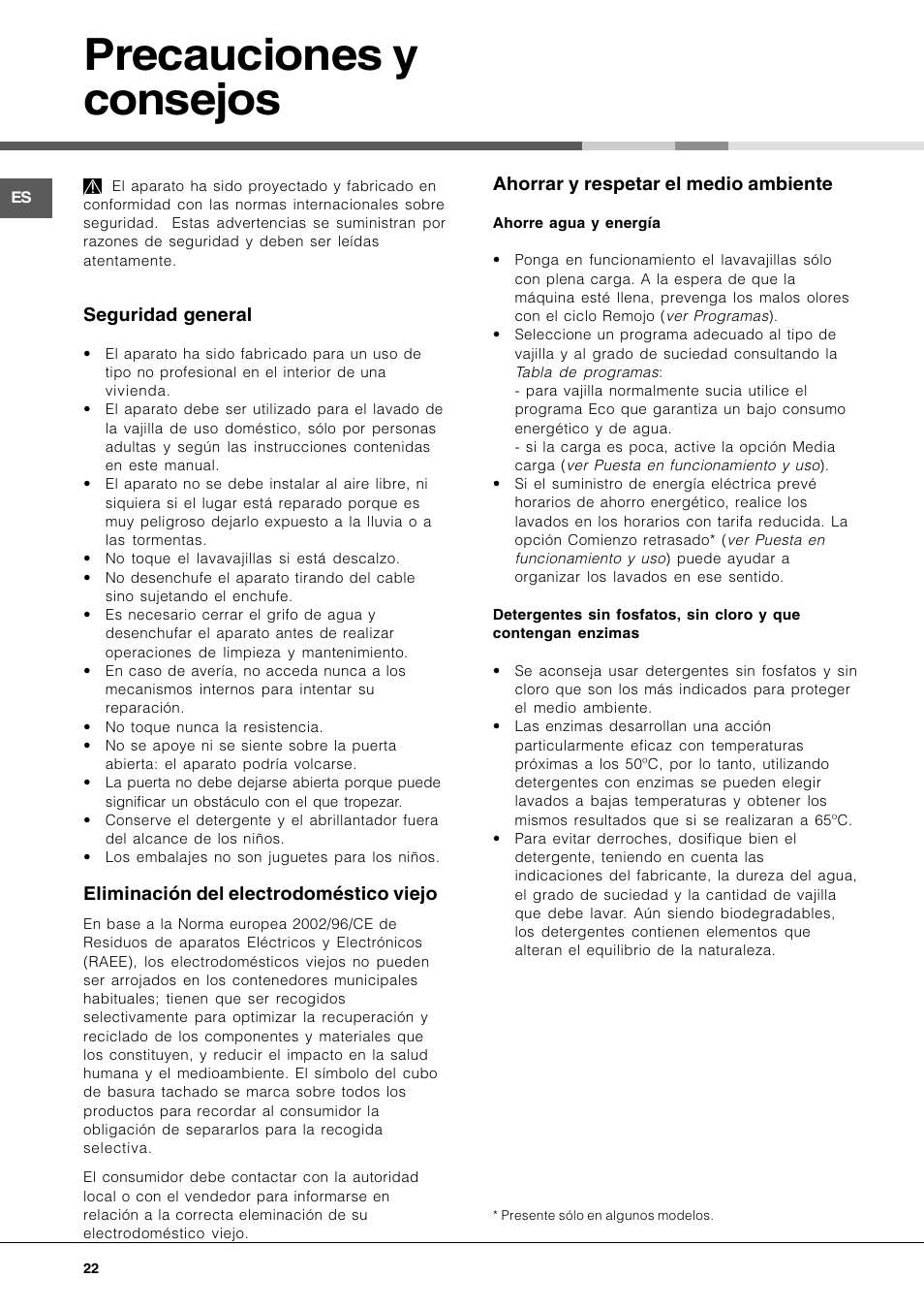 Precauciones y consejos | Hotpoint Ariston LL 40 User Manual | Page 22 / 60