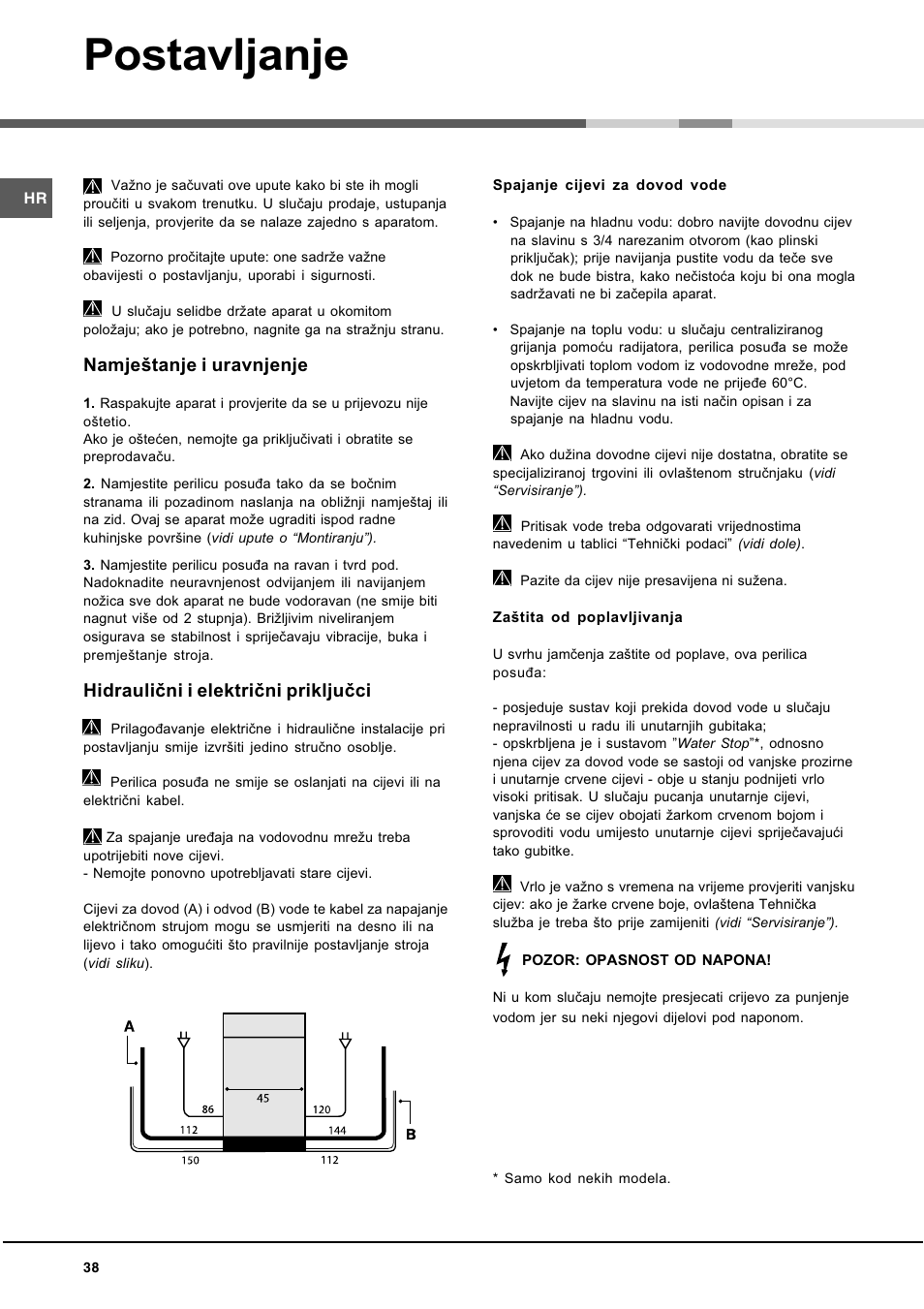 Postavljanje, Namjetanje i uravnjenje, Hidraulièni i elektrièni prikljuèci | Hotpoint Ariston LL 40 User Manual | Page 38 / 60