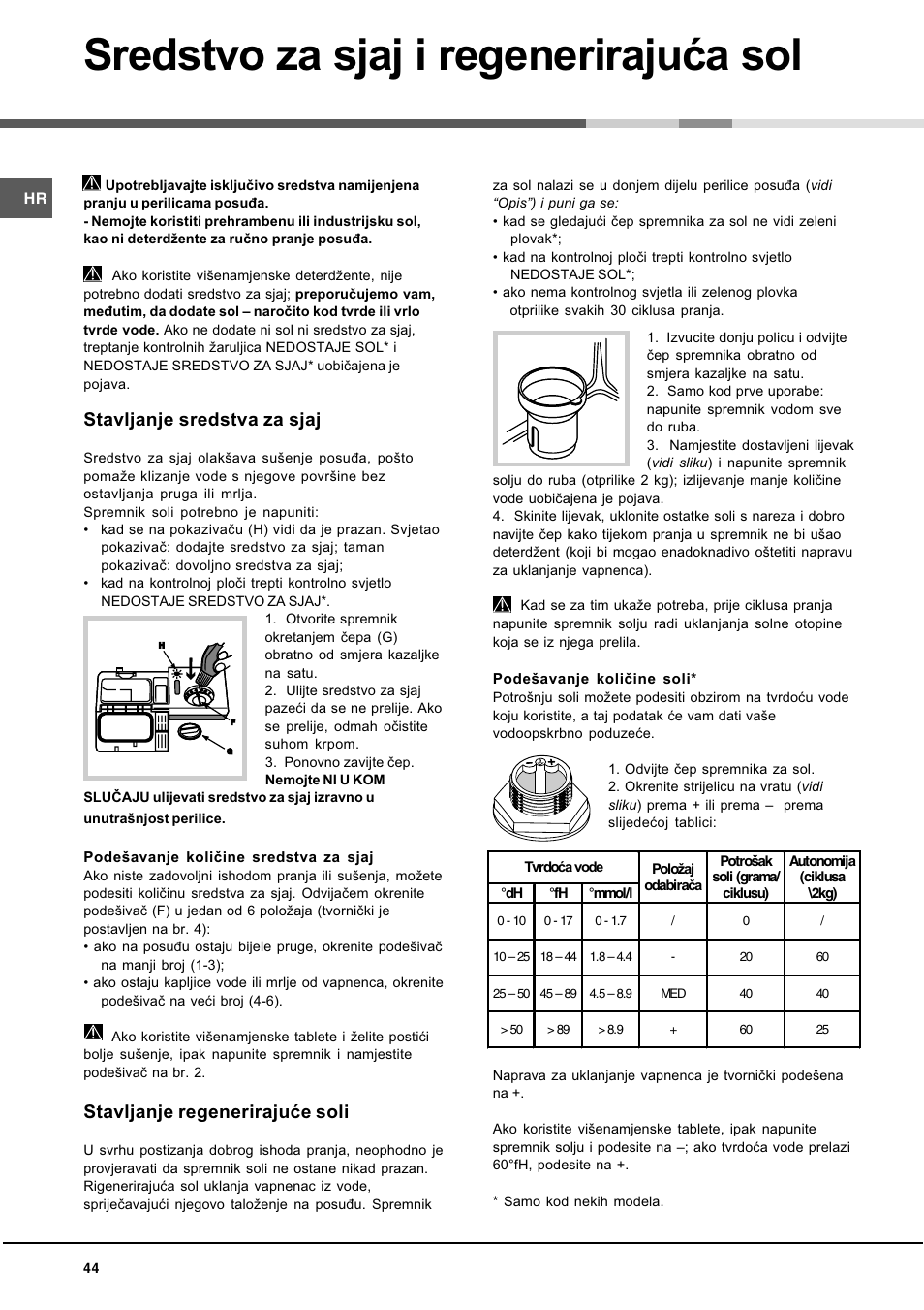 Sredstvo za sjaj i regenerirajuæa sol, Stavljanje sredstva za sjaj, Stavljanje regenerirajuæe soli | Hotpoint Ariston LL 40 User Manual | Page 44 / 60