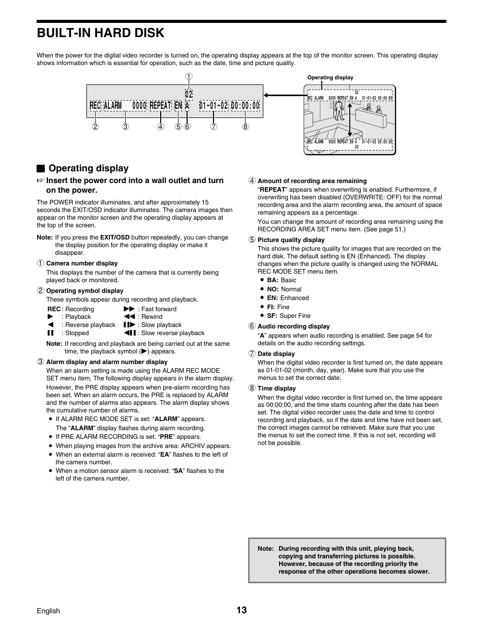 Built-in hard disk, Operating display | Sanyo DSR-3016 User Manual | Page 14 / 96