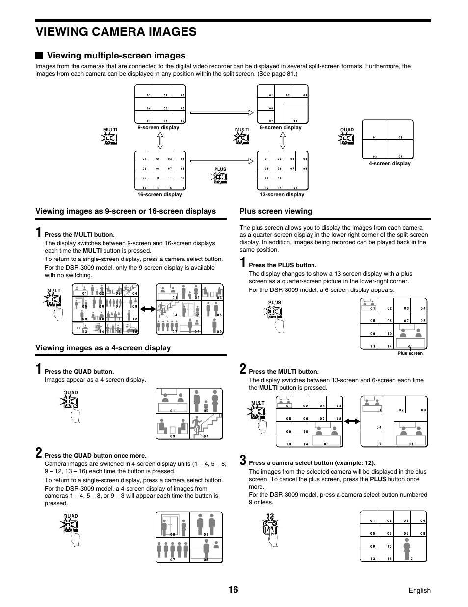 Viewing camera images, Viewing multiple-screen images | Sanyo DSR-3016 User Manual | Page 17 / 96