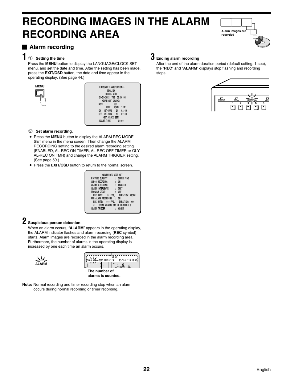 Recording images in the alarm recording area, Alarm recording | Sanyo DSR-3016 User Manual | Page 23 / 96