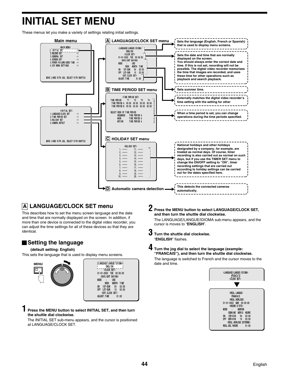 Initial set menu, Language/clock set menu, Setting the language | Sanyo DSR-3016 User Manual | Page 45 / 96