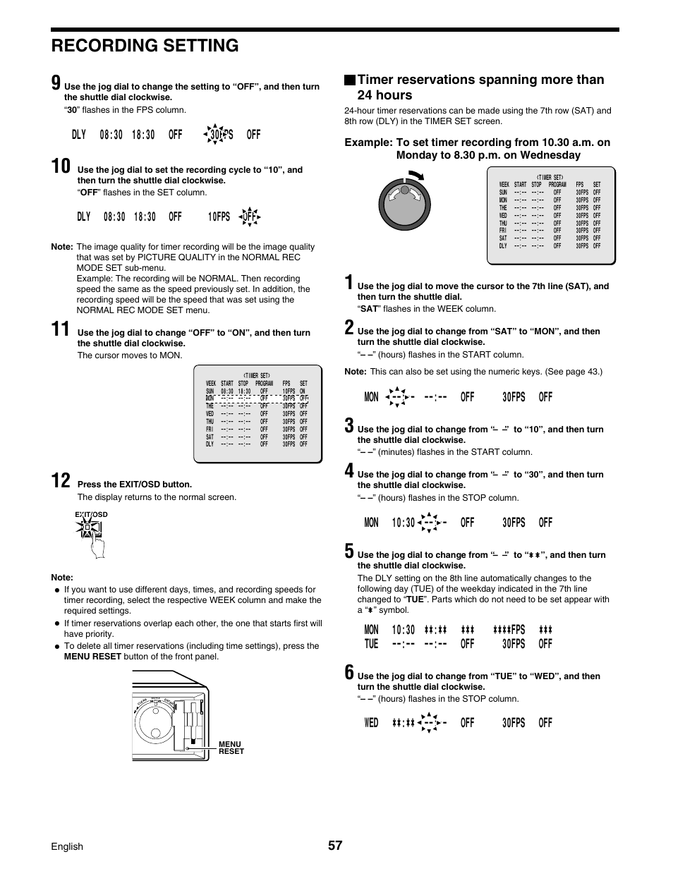 Recording setting, Timer reservations spanning more than 24 hours | Sanyo DSR-3016 User Manual | Page 58 / 96