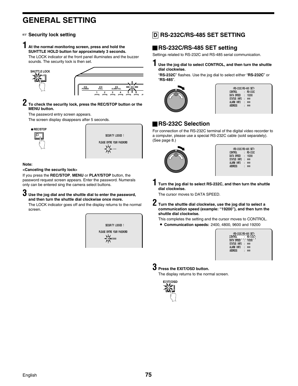 General setting, Rs-232c selection | Sanyo DSR-3016 User Manual | Page 76 / 96