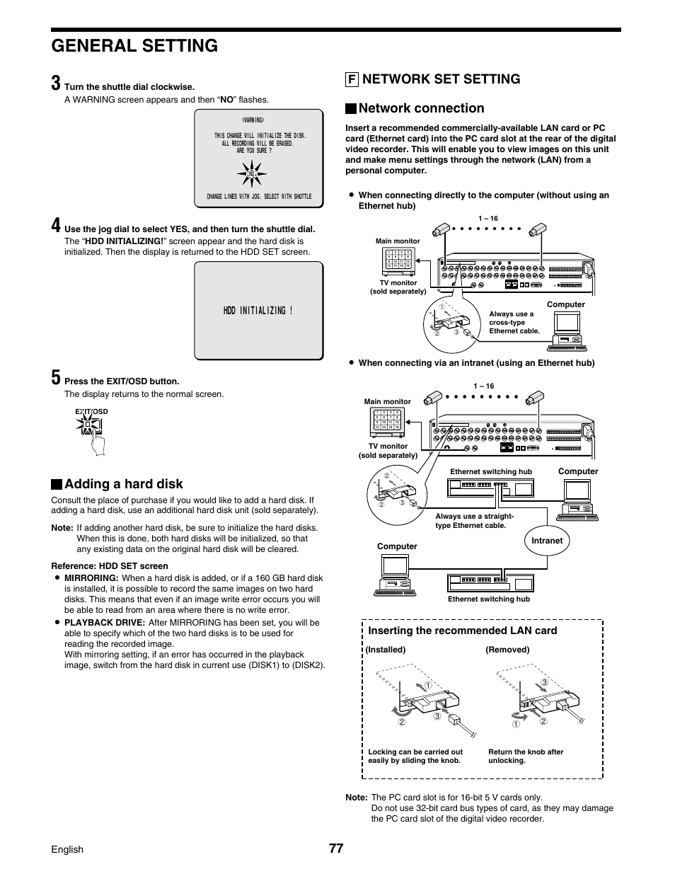 General setting, Adding a hard disk, Network set setting network connection | Hdd initializing, Inserting the recommended lan card english | Sanyo DSR-3016 User Manual | Page 78 / 96